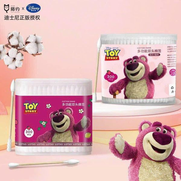 Hộp 300 Tăm Bông Ráy Tai Ngoáy Mũi 2 Đầu GẤU DÂU Thân Cán Gỗ