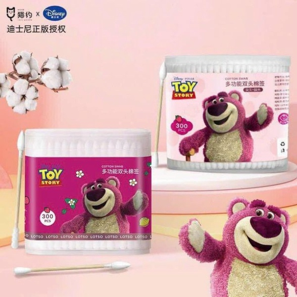 Hộp 300 Tăm Bông Ráy Tai Ngoáy Mũi 2 Đầu GẤU DÂU Thân Cán Gỗ