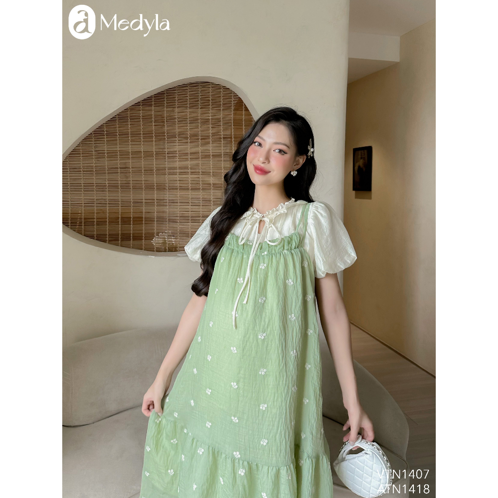 MEDYLA - Yếm bầu 2 dây thô mềm hoa nhí mặc kèm áo sơ mi bầu tơ xốp dây nơ cho bầu mặc trong và sau sinh - VTN1407