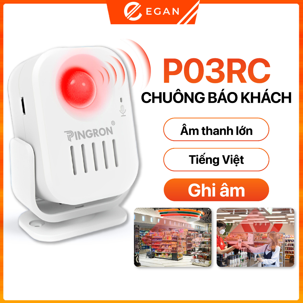 Chuông báo khách tự động PINGRON PR-P03RC hỗ trợ ghi âm tiếng Việt, âm thanh lớn và có tích hợp hồng ngoại không dây