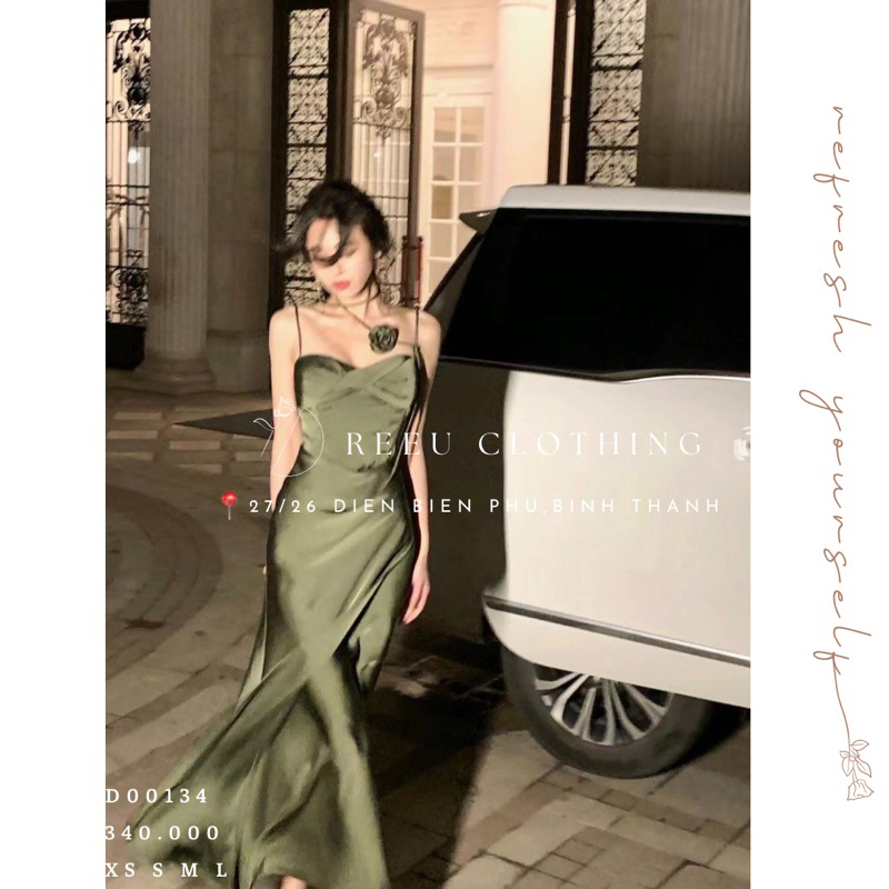 (pre-order) đầm lụa xanh lá kèm dây hoa hồng dáng dài 𝒅𝒓𝒆𝒔𝒔 𝒊𝒏 𝒑𝒂𝒓𝒕𝒚