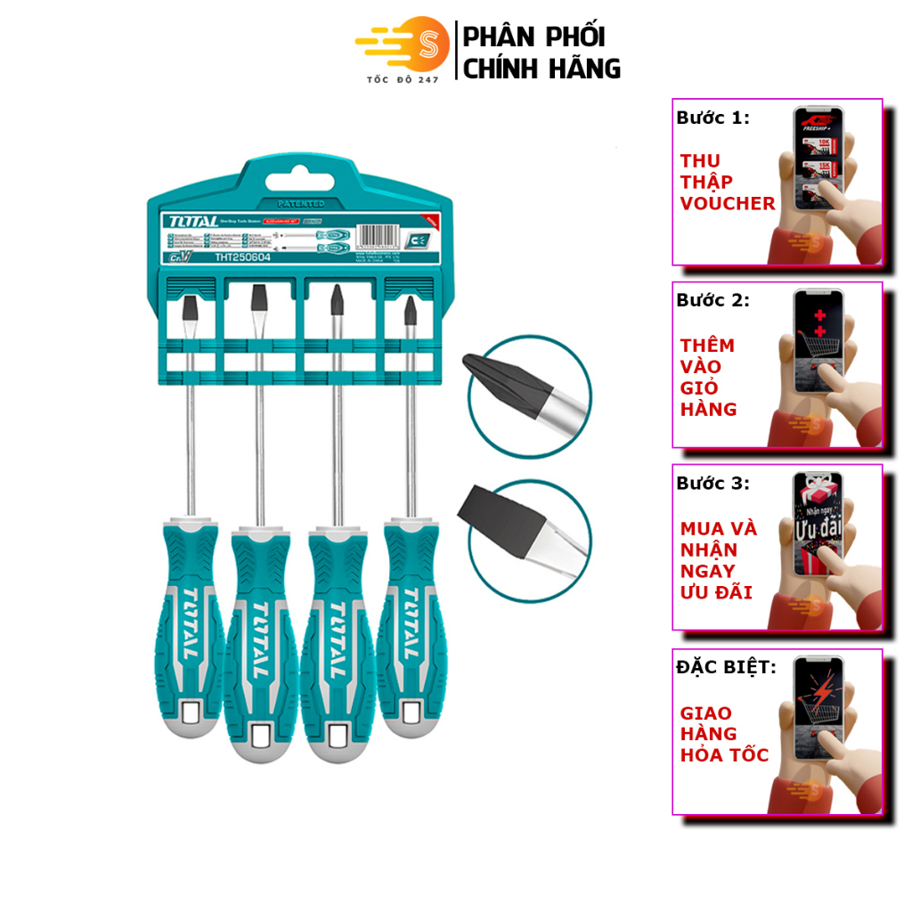Bộ 4 cây tua vít dẹp, bake đa năng TOTAL THT250604 - Thép chuyên dụng CR-V, tay cầm nhựa chắc chắn, bền bỉ