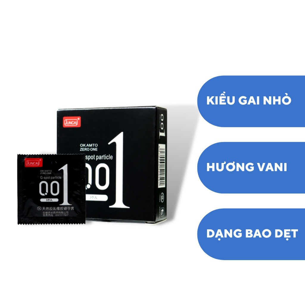 Bao cao su 001 JUNCAI Okamto G-Spot Black hộp 3 cái, bcs siêu mỏng có gai kéo dài thời gian quan hệ