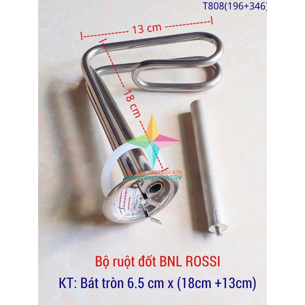 Bộ ruột đốt Bình nóng lạnh ROSSI - TÂN Á 15L thân cong, bát tròn 6,5cm x 18cm+13cm + Thanh magie 5mm(196+346)