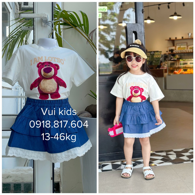 (Video) Set áo và chân váy siêu xinh bé gái. Set áo cotton 4 chiều gấu dâu Lotso kèm chân váy jean 2 tầng bé gái 13-46kg