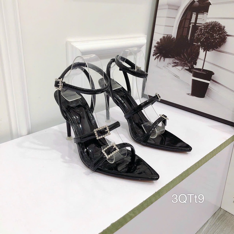 Sandal Gót Nhọn 2 Dây Da Bóng Khoá Cao Cấp Sang Đẹp