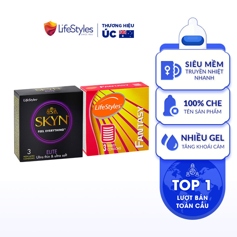 Combo 1 Hộp Bao Cao Su LifeStyles SKYN Elite Non-latex 3 bao + 1 Hộp Bao Cao Su LifeStyles Fantasy 3 bao