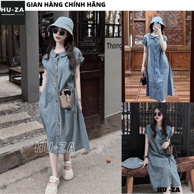Váy bò kèm mũ cổ bèo dáng suông rộng cộc tay rúm - Đầm jean sơ mi cúc giữa dáng lỡ hàn quốc - HUZA VB03