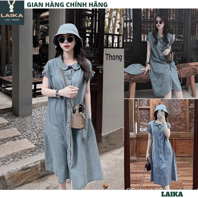 Đầm jean cộc tay kèm mũ dáng lỡ suông rộng - Váy bò cổ sen cúc giữa thời trang nữ siêu xinh - LAIKA VB03