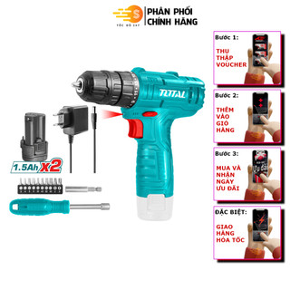 Bộ máy khoan, vặn vít dùng pin 12v có kèm bộ tua vít 13 chi tiết total tosli22111 - kèm 2 viên pin 1.5ah, có đèn led