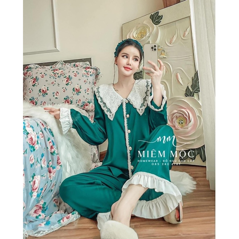 Set đồ ngủ pijama cổ thêu nhập tinh xảo chất lụa latin mềm mịn