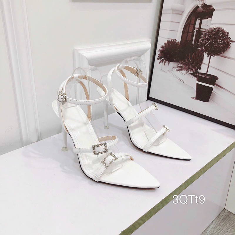 Sandal Gót Nhọn 2 Dây Da Bóng Khoá Cao Cấp Sang Đẹp