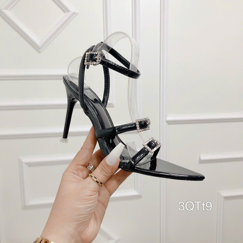 Sandal Gót Nhọn 2 Dây Da Bóng Khoá Cao Cấp Sang Đẹp