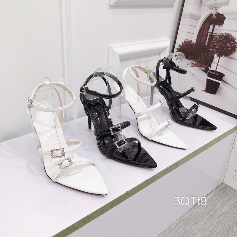 Sandal Gót Nhọn 2 Dây Da Bóng Khoá Cao Cấp Sang Đẹp