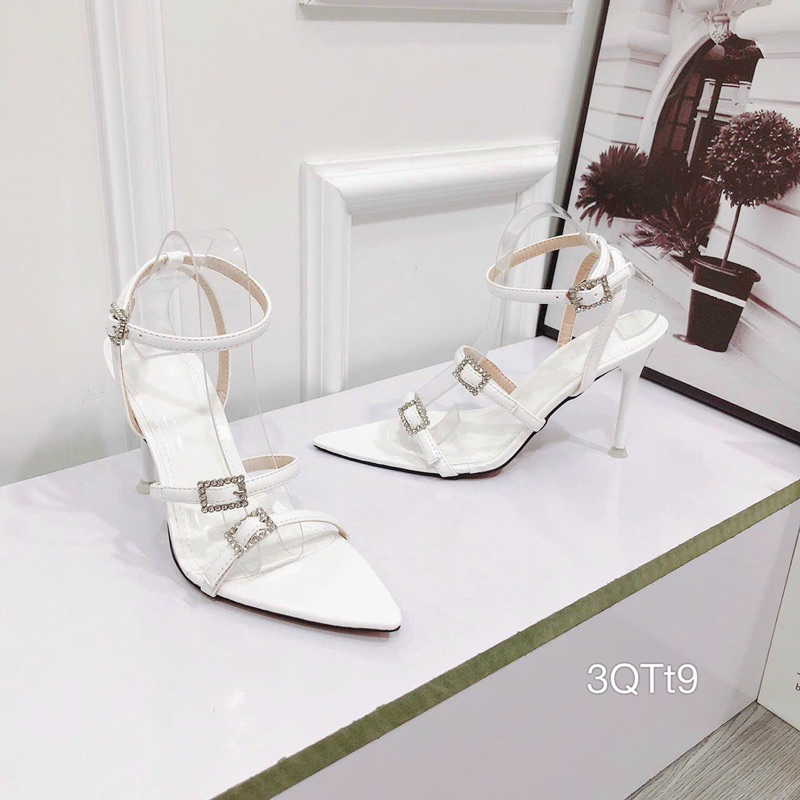 Sandal Gót Nhọn 2 Dây Da Bóng Khoá Cao Cấp Sang Đẹp