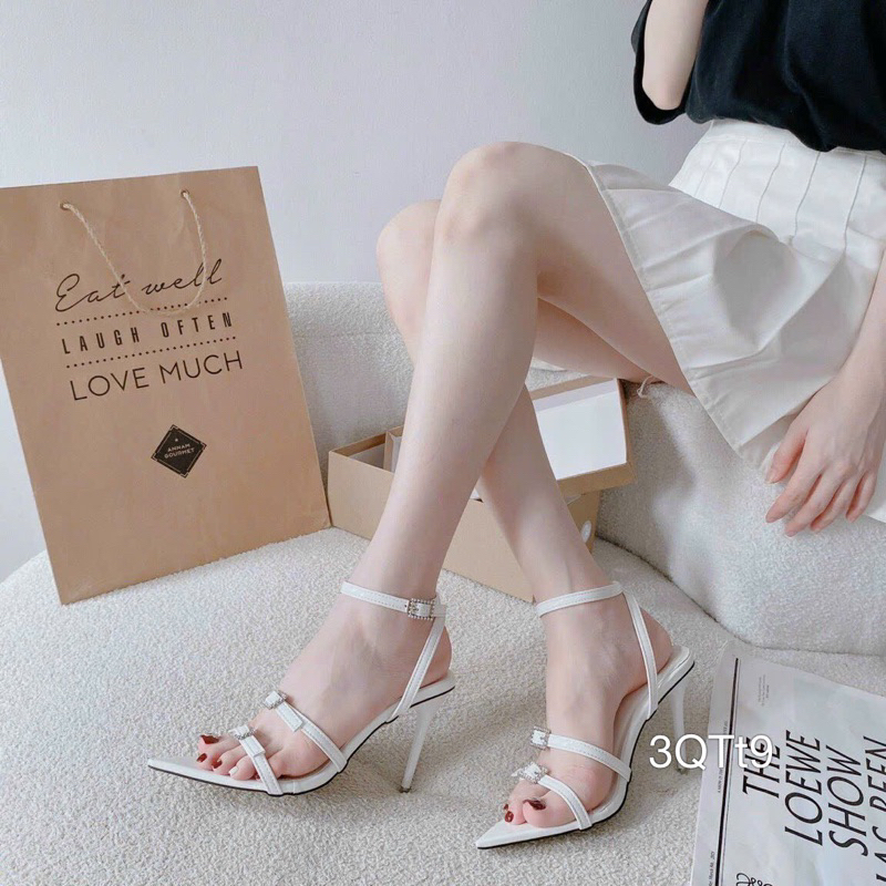 Sandal Gót Nhọn 2 Dây Da Bóng Khoá Cao Cấp Sang Đẹp