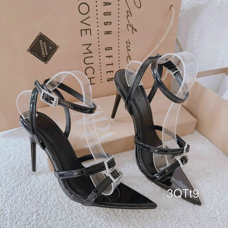Sandal Gót Nhọn 2 Dây Da Bóng Khoá Cao Cấp Sang Đẹp