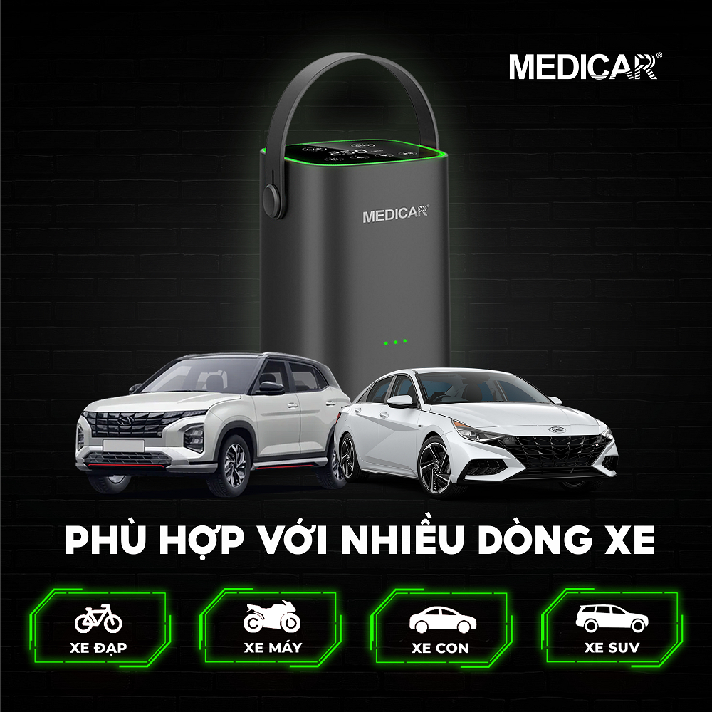 Bơm lốp ô tô tự ngắt MEDICAR - Công suất 120W, thời gian bơm 3-5 phút, cảm biến áp suất lốp xe hơi, 1 đổi 1 12 tháng