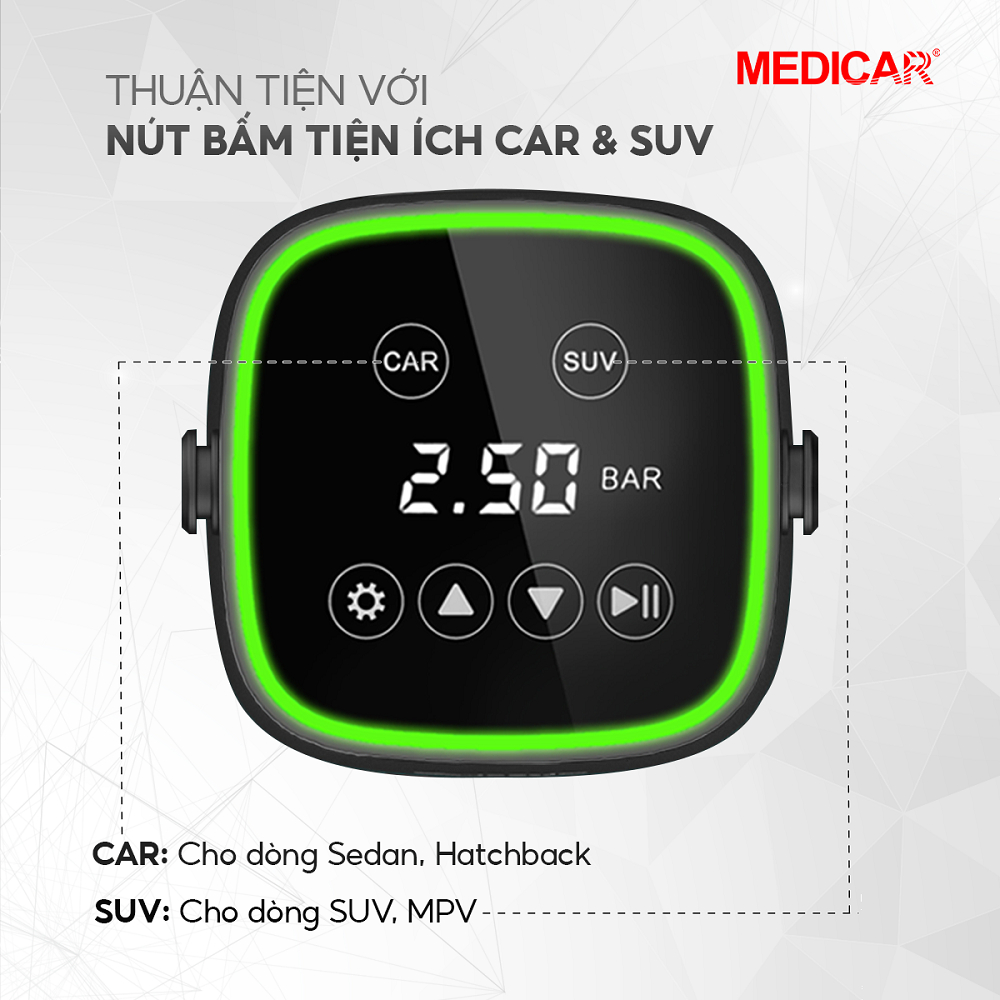 Bơm lốp ô tô tự ngắt MEDICAR - Công suất 120W, thời gian bơm 3-5 phút, cảm biến áp suất lốp xe hơi, 1 đổi 1 12 tháng