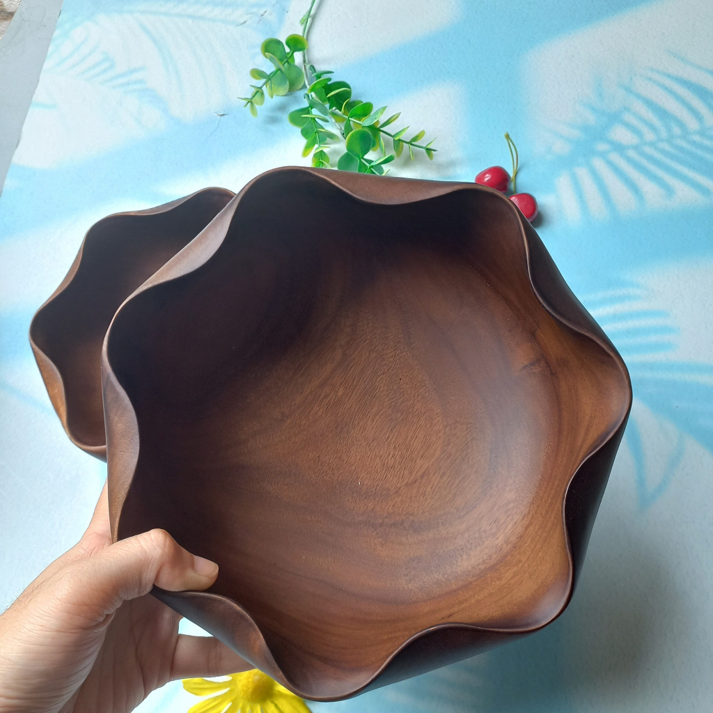 Bát Tô Gỗ Keo Hình Hoa Sen Có Đế, Bát Salad Trộn, Ăn Cơm, Mỳ, Decor Chụp Ảnh