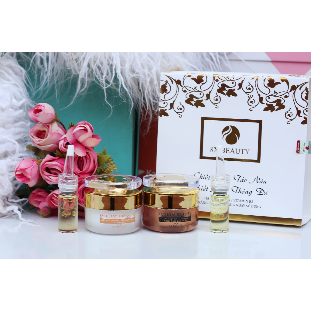 Combo Kem Nám Tàn Nhang Vip 8x Beauty dưỡng trắng da 30ml, Kem Đêm Cam Thảo mờ nám sạm 30ml, Serum Nghệ Tây X2 10ml
