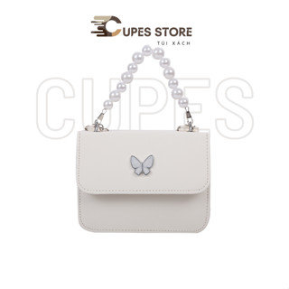  Túi xách nữ đeo chéo trang trí hình bướm dây đeo chuỗi xích kèm chuỗi ngọc trắng thời trang 