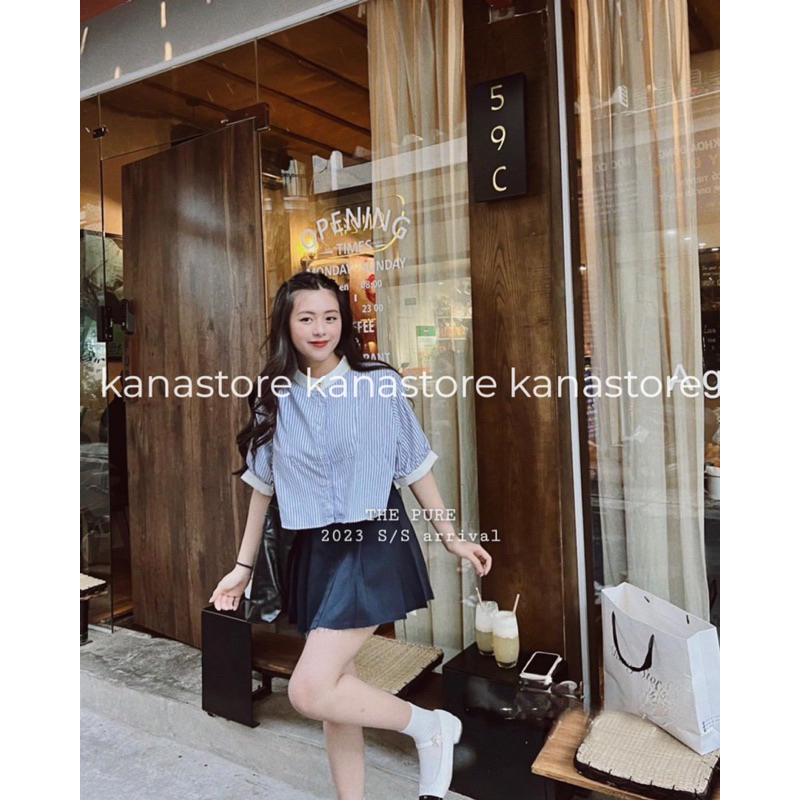 K1038 [ Kana Store Loại 1 Có Video Thật] Áo Sơ Mi Cổ Tàu Sọc Xanh Công Sở Ulzzang Lịch Sự Trang Trọng
