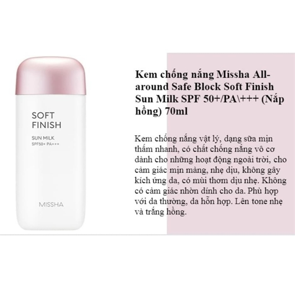 Kem chống nắng Missha Soft Finish Sun Milk 70ml-Kem Chống Nắng Nâng Tông Missha Soft Finish Sun Milk SPF50 70ML