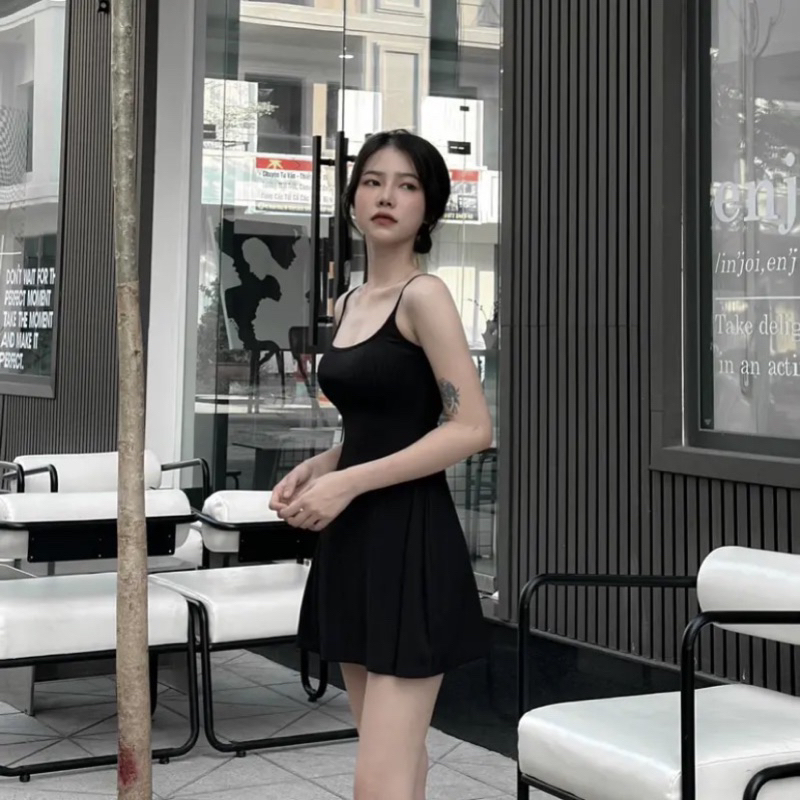 Đầm hai dây gân chất gân trung dày dặn dáng xoè cổ vuông màu trơn tặng kèm quần trong TV-FASHION