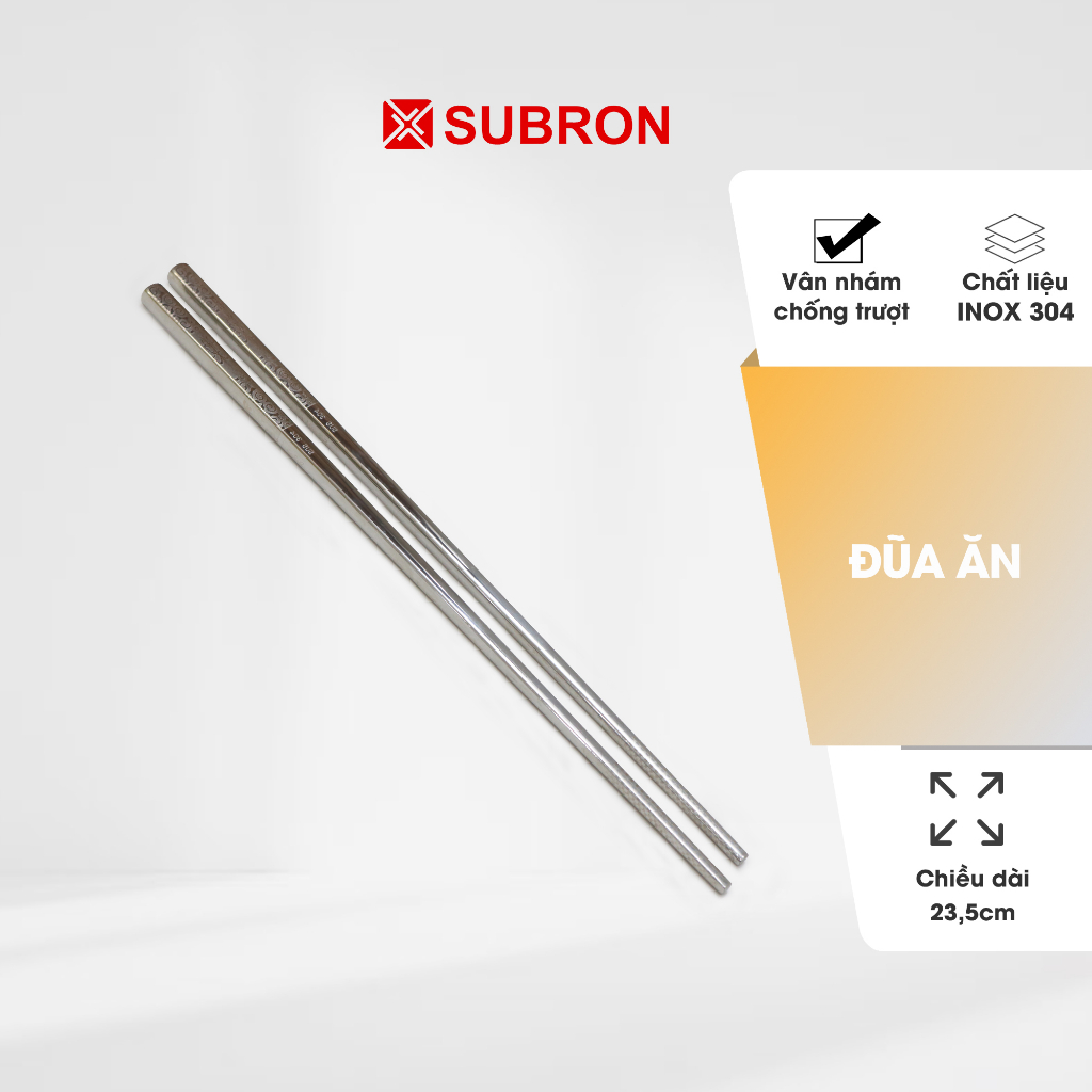 Đũa inox 304 chống trượt SUBRON, đũa thân vuông sáng bóng hoạ tiết hoa văn sang trọng