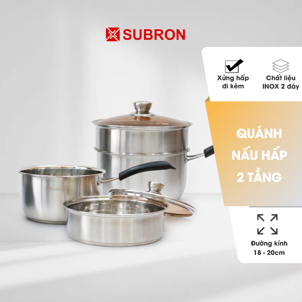 Quánh inox 2 đáy cao cấp SUBRON, nồi cán dài đa năng nấu bột, có xửng hấp đồ ăn dặm cho bé, dùng được mọi loại bếp