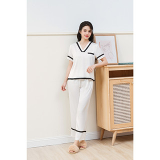 Bộ Đồ Ngủ Lụa Basic Trắng Viền Đen Thanh Lịch Loirechic LPD21