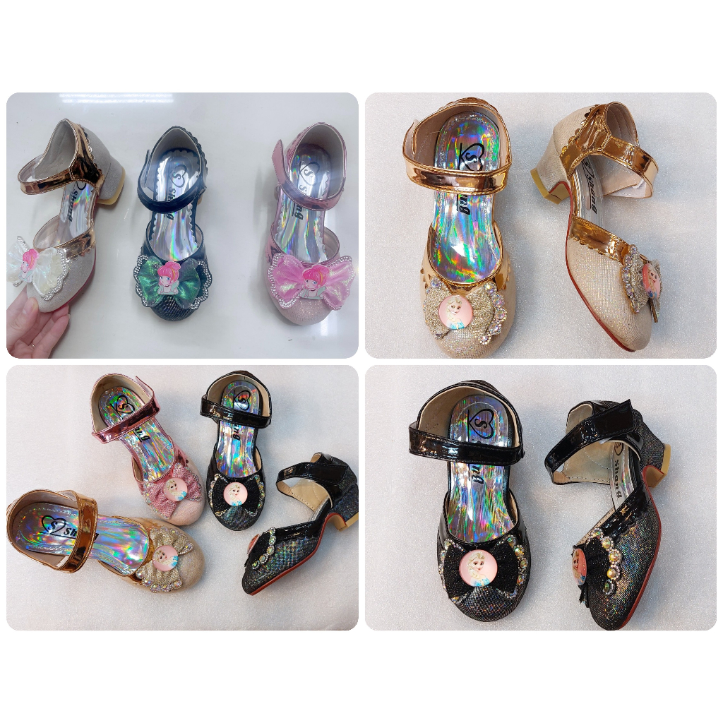 Dép sandal cho bé gái cao gót chống trơn trượt cao 3cm, giày quai hậu giày bít gót nơ công chúa D7