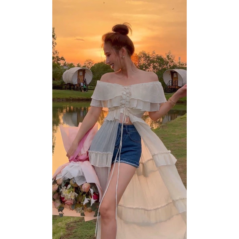 Áo đầm dáng dài đan dây bèo trễ vai ulzzang màu trắng/đen đi biển/du lịch NÀNG CLOSET