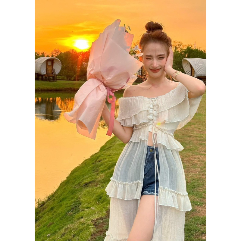 Áo đầm dáng dài đan dây bèo trễ vai ulzzang màu trắng/đen đi biển/du lịch NÀNG CLOSET