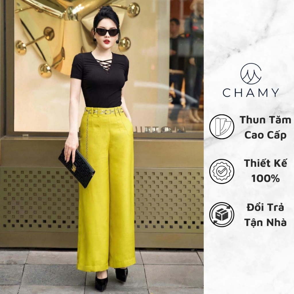 Áo Kiểu 𝐂𝐇𝐀𝐌𝐘 Ricar Dáng Ôm Cổ V Mix Dây Đan Chéo Trẻ Trung Chất Thun Tăm Cao Cấp
