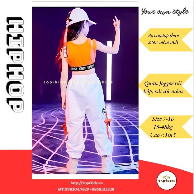 Bộ bé gái áo croptop hở vai bo eo, quần jogger chất dù túi hộp phối dây 16- 48kg -,3HB2206-1119