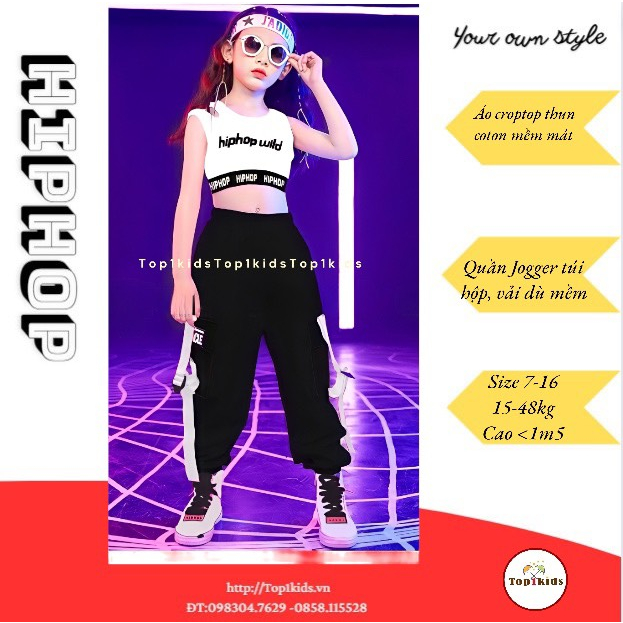 Bộ bé gái áo croptop hở vai bo eo, quần jogger chất dù túi hộp phối dây 16- 48kg -,3HB2206-1119