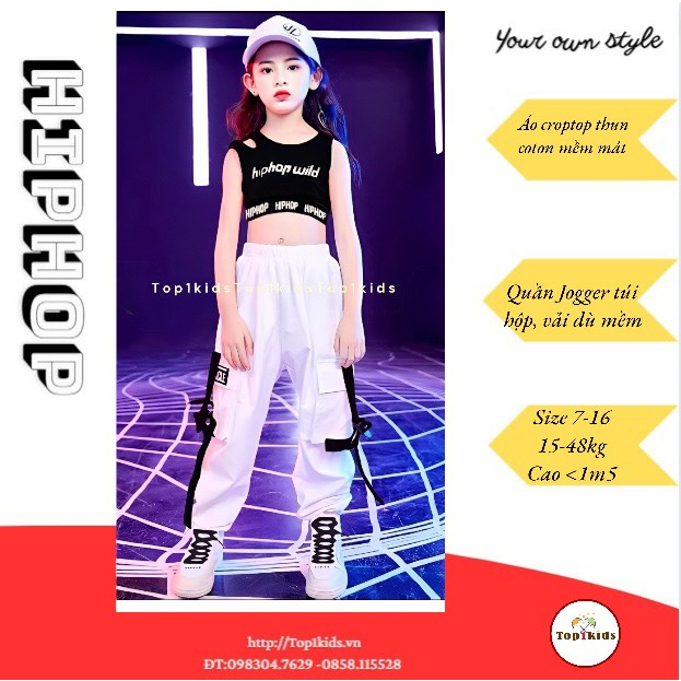 Bộ bé gái áo croptop hở vai bo eo, quần jogger chất dù túi hộp phối dây 16- 48kg -,3HB2206-1119