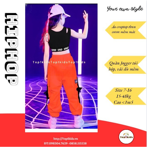Bộ bé gái áo croptop hở vai bo eo, quần jogger chất dù túi hộp phối dây 16- 48kg -,3HB2206-1119