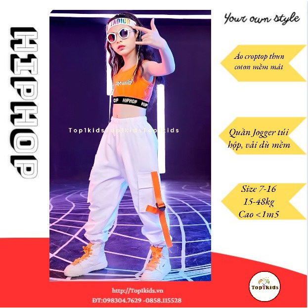 Bộ bé gái áo croptop hở vai bo eo, quần jogger chất dù túi hộp phối dây 16- 48kg -,3HB2206-1119