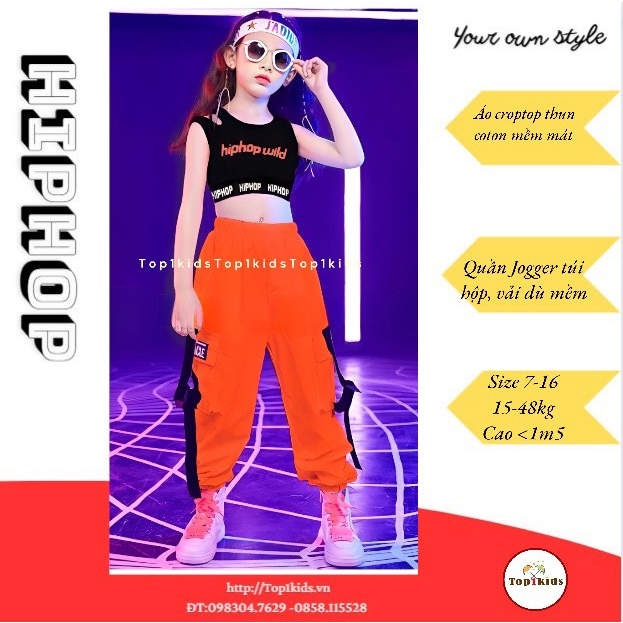 Bộ bé gái áo croptop hở vai bo eo, quần jogger chất dù túi hộp phối dây 16- 48kg -,3HB2206-1119
