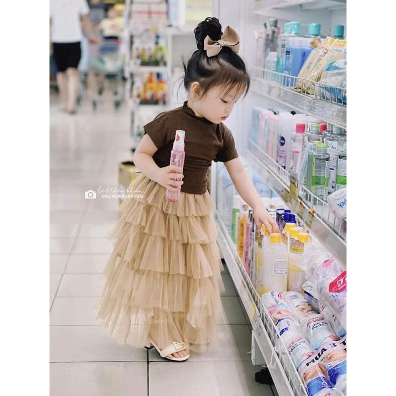 Bộ áo thun tăm cổ lọ và chân váy voan tầng công chúa tiểu thư siêu đáng yêu cho bé gái