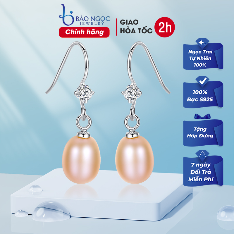 Bông Tai Bạc Nữ Dáng Dài Đính Đá và Hạt Ngọc Trai Nuôi 7mm Sang Trọng B2369 - Bảo Ngọc Jewelry