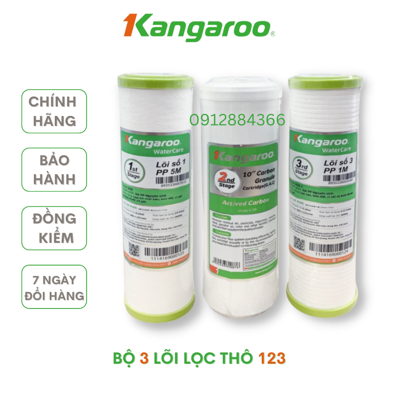 Bộ lõi lọc 123 kangaroo Hàng chính hãng 10" thường, dùng cho tất cả các dòng máy dùng 3 cốc lọc 10"