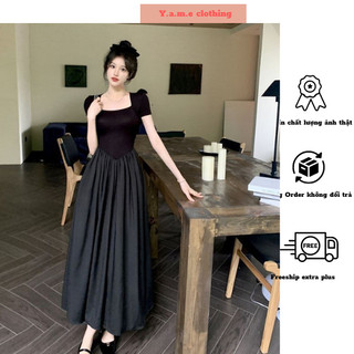 Váy nữ dáng dài cổ vuông liền thân cộc tay eo bo chun hàng Quảng Châu chất liệu mềm mại Yame clothing