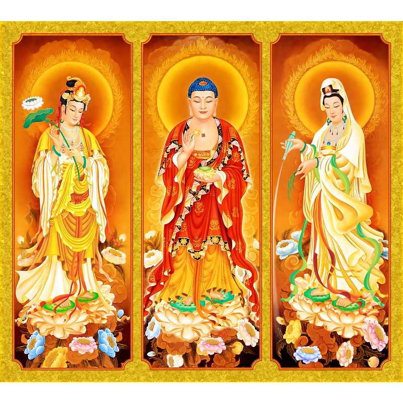 Tranh lụa dán tường Tam Thế Phật tặng kèm keo