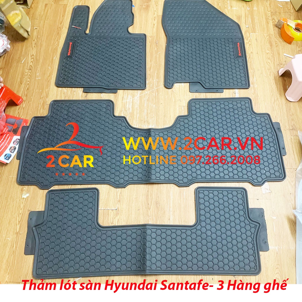 Thảm Lót Sàn Cao Su Xe Hyundai Santafe 2015-2023, sàn cao su đúc 3 hàng ghế mẫu Tổ ong chữ đỏ