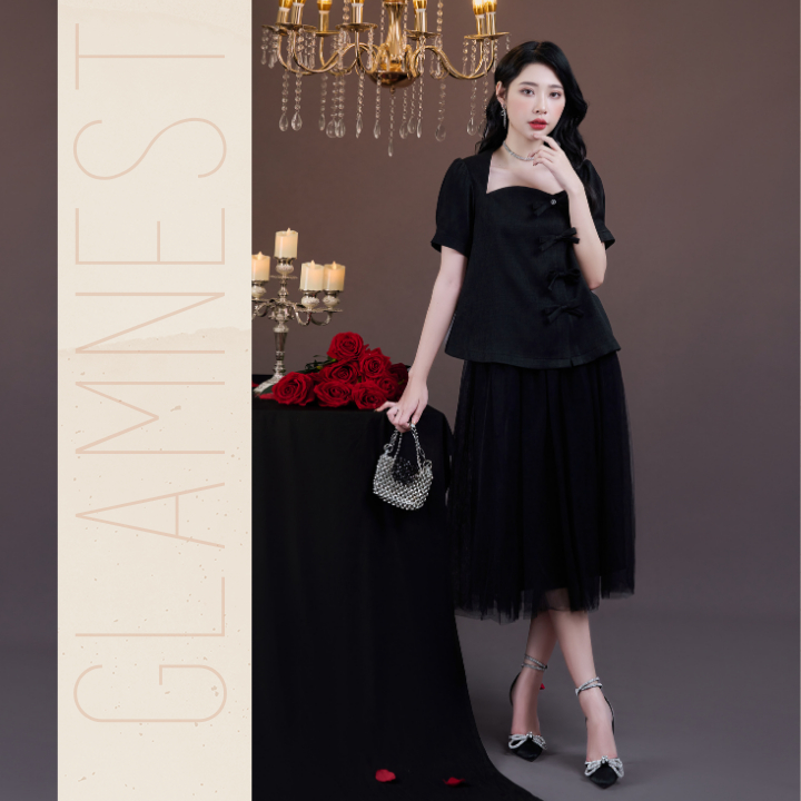 Áo Bầu Kiểu Bigsize Phối Chân Váy Bầu Chất Vải Lưới Lót Lụa Mềm Mại Glam Nest AS037