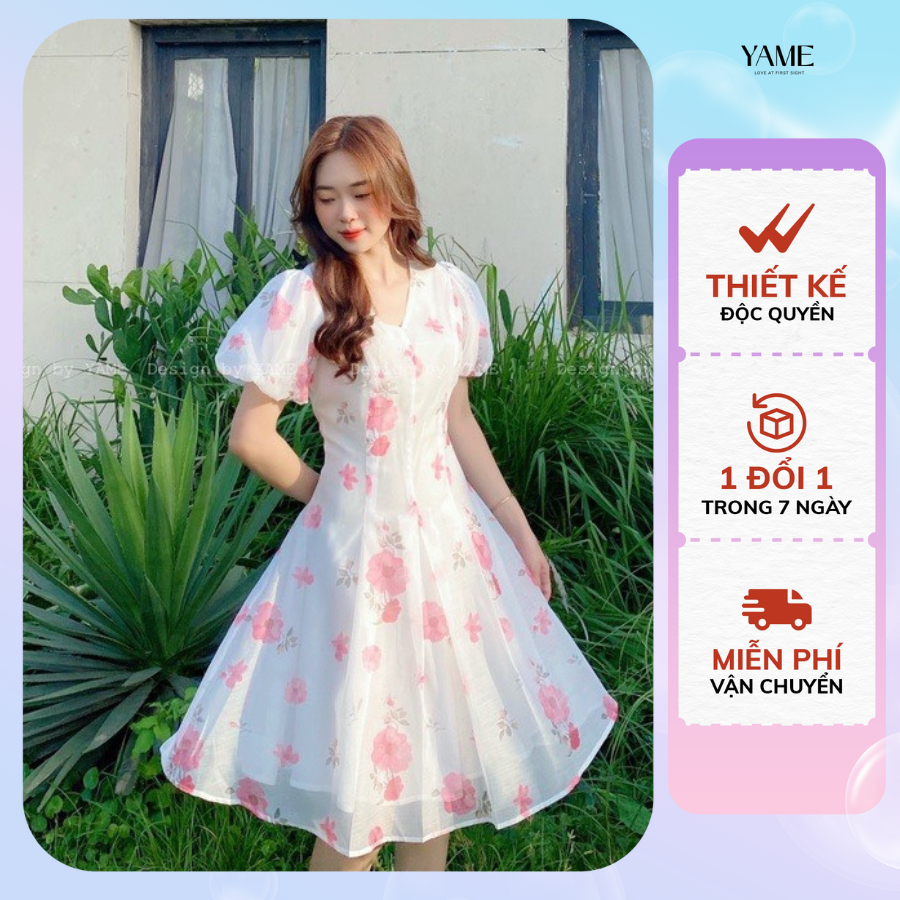 Váy tơ hoa cổ V tay bồng phong cách Hàn quốc dáng chữ A thiết kế tiểu thư nhẹ nhàng Pansy Blue trắng YAME